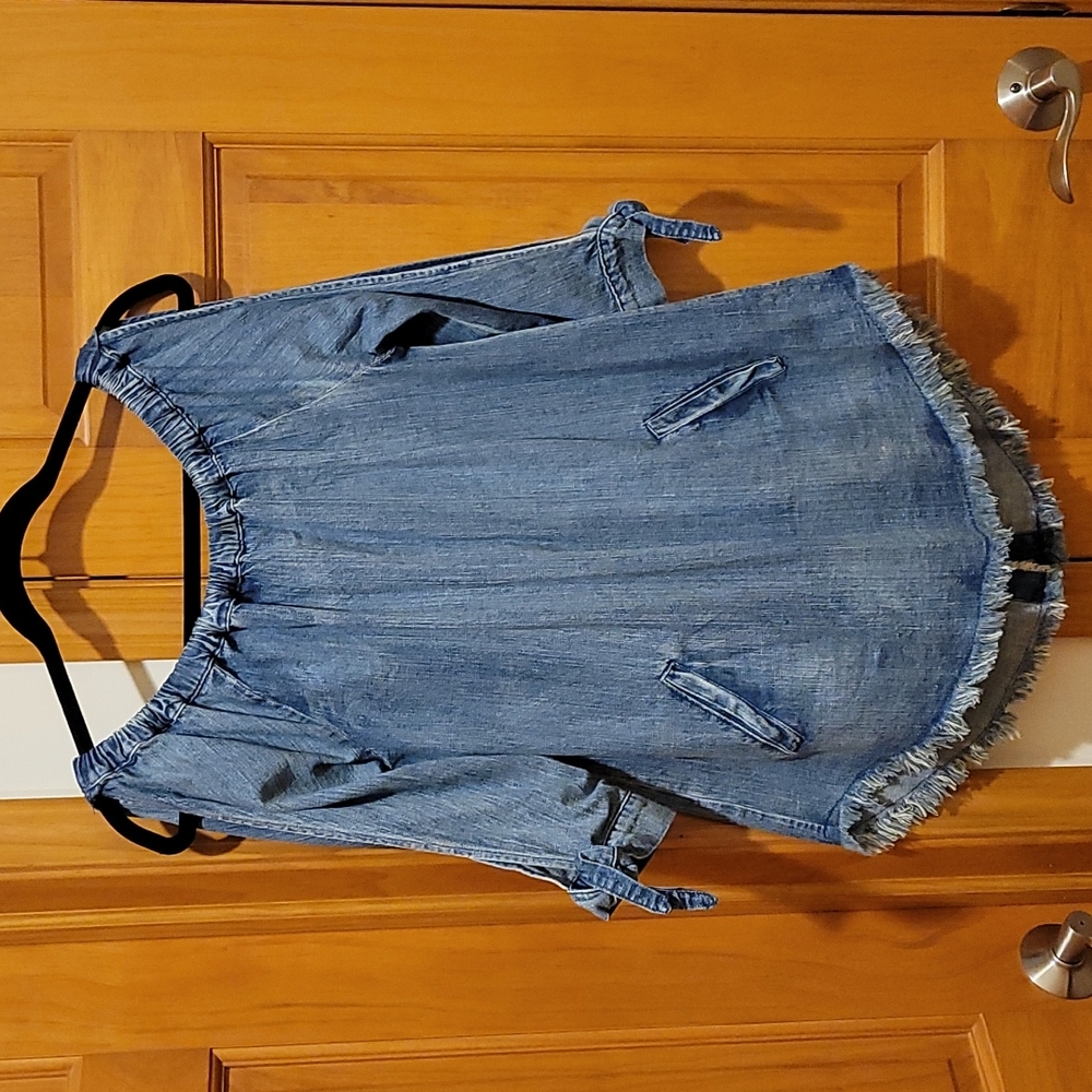 BILLY T DENIM CHAMBRAY TOP SHIRT HI/LO DRESS TUNIC OFF THE SHOULDER POCKETS XS!